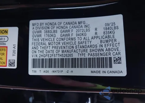 2026 Honda Civic Sport from USA, damaged, VIN 2HGFE2F57TH526265